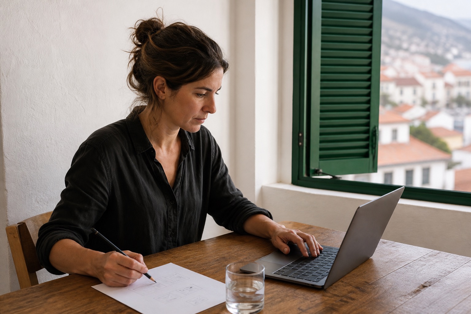 A founder assembling a first version in a bright Funchal workspace