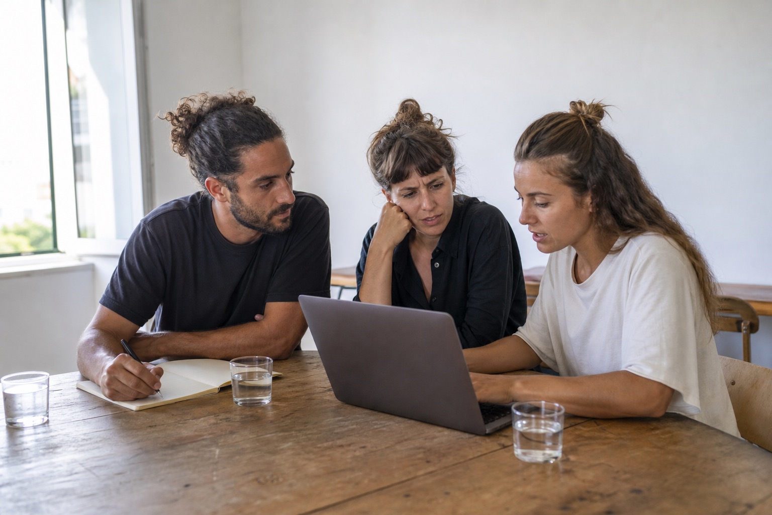 Three people testing a first version together in a bright workspace