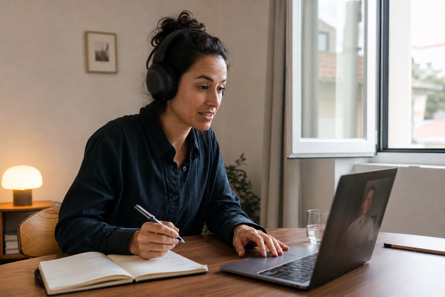 A creator wearing over ear headphones making an offer on a laptop video call