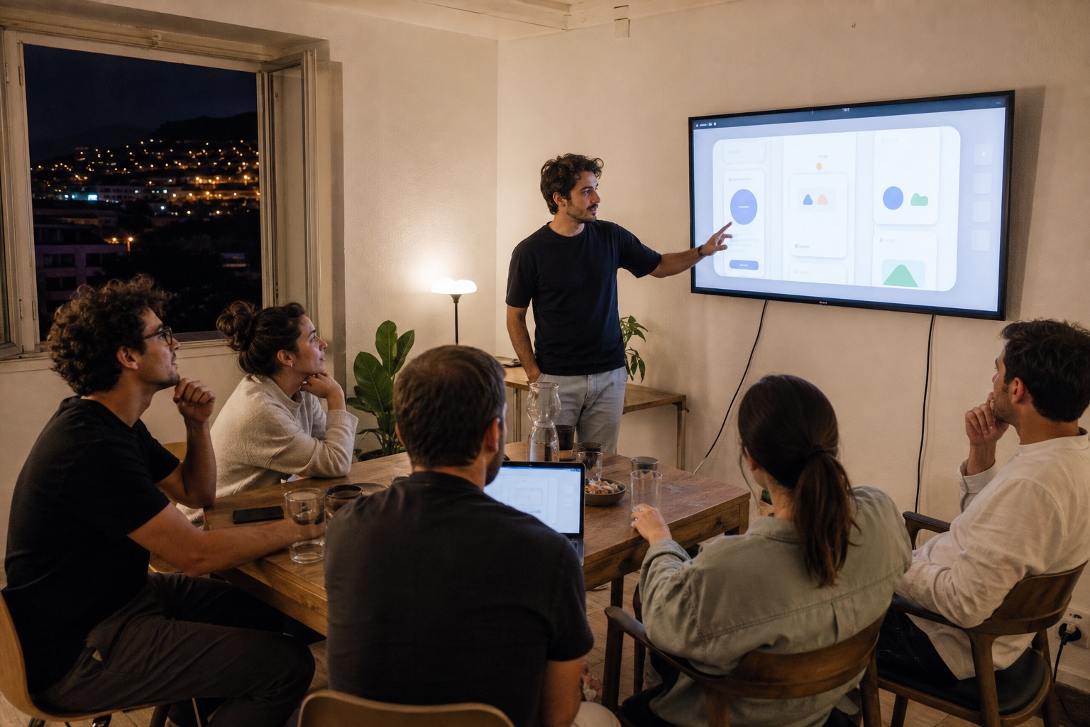A group watching a creator reveal the finished first version