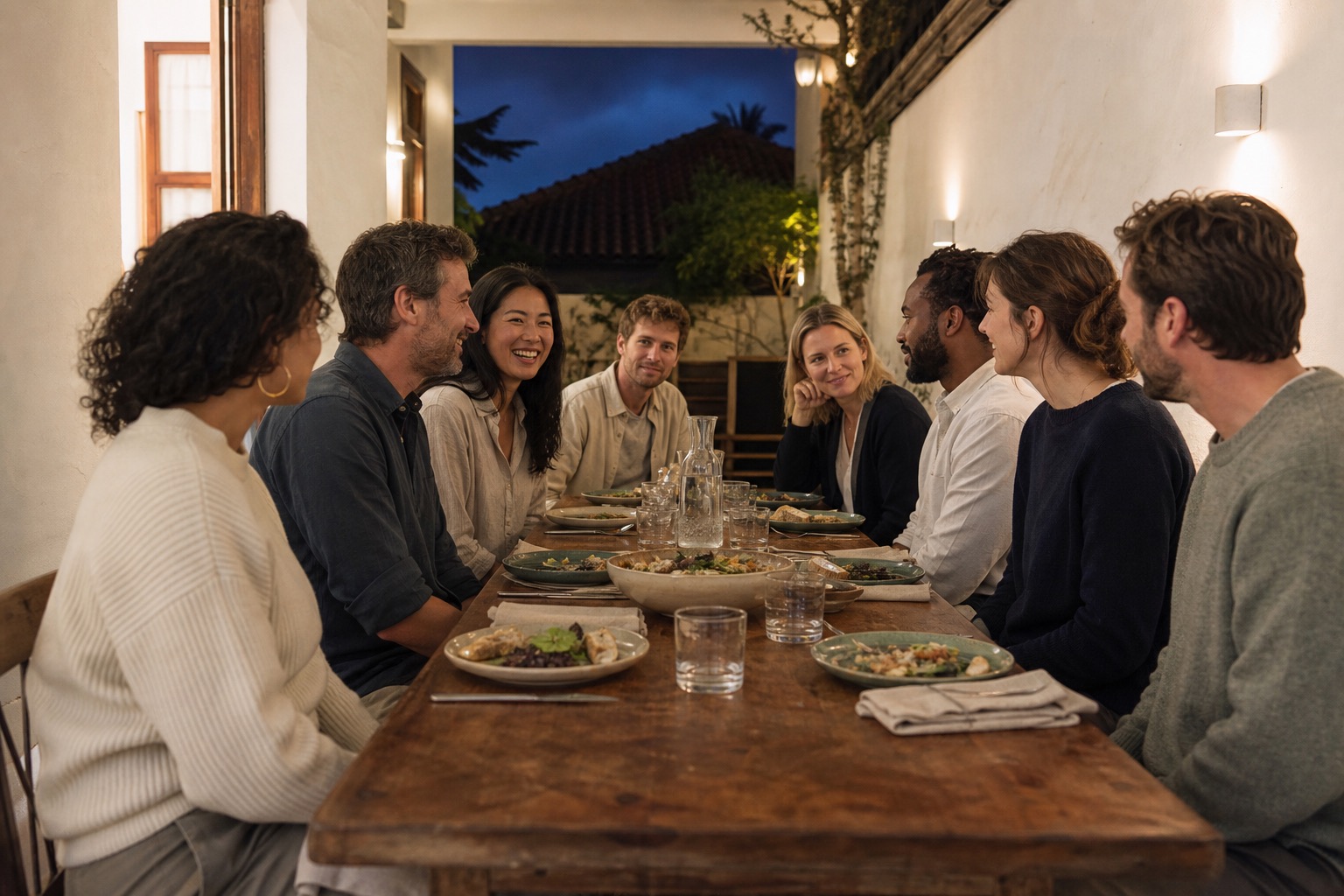 People sharing a candlelit dinner at one long table