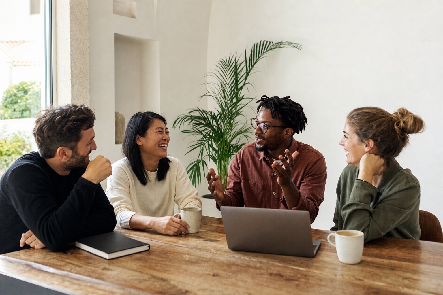 Four founders laughing together around a laptop in a bright workspace