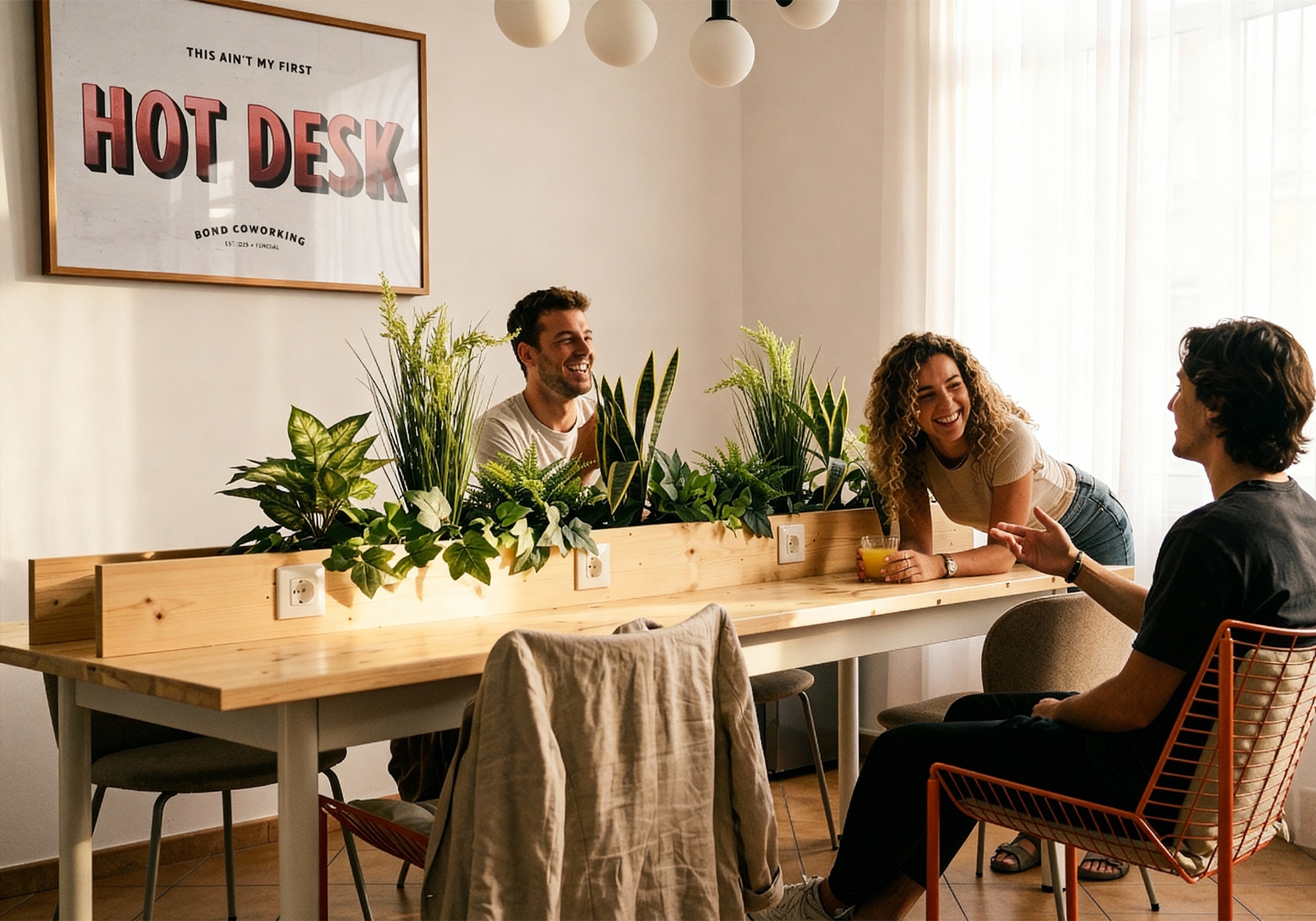 People talking around the shared table at the central workspace in Funchal