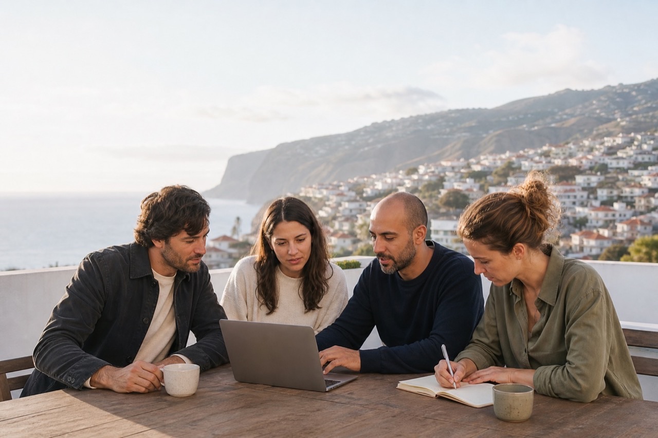 Four aspiring founders working together on a rooftop in Funchal